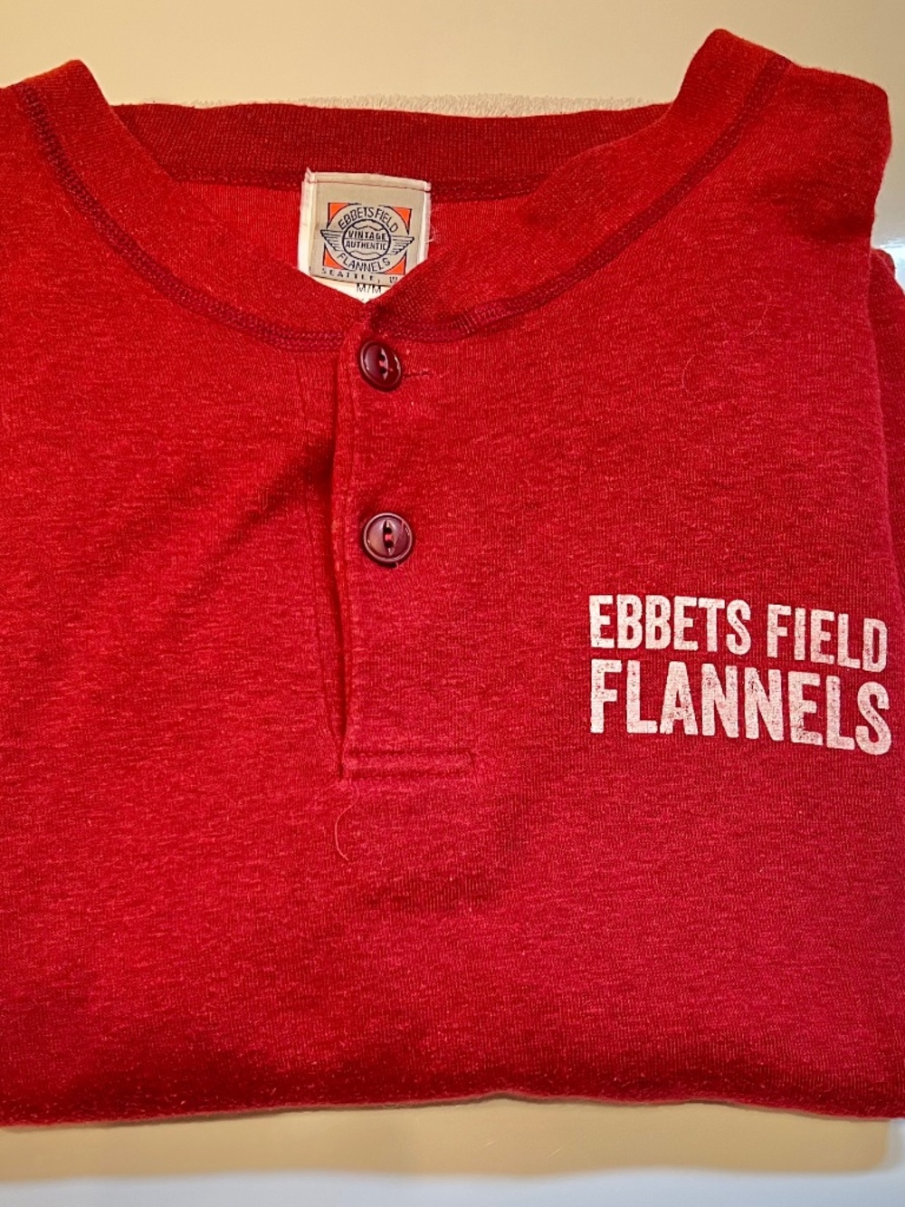 Ebbets Field Flannels Red Long Sleeve Henley Shirt, Med